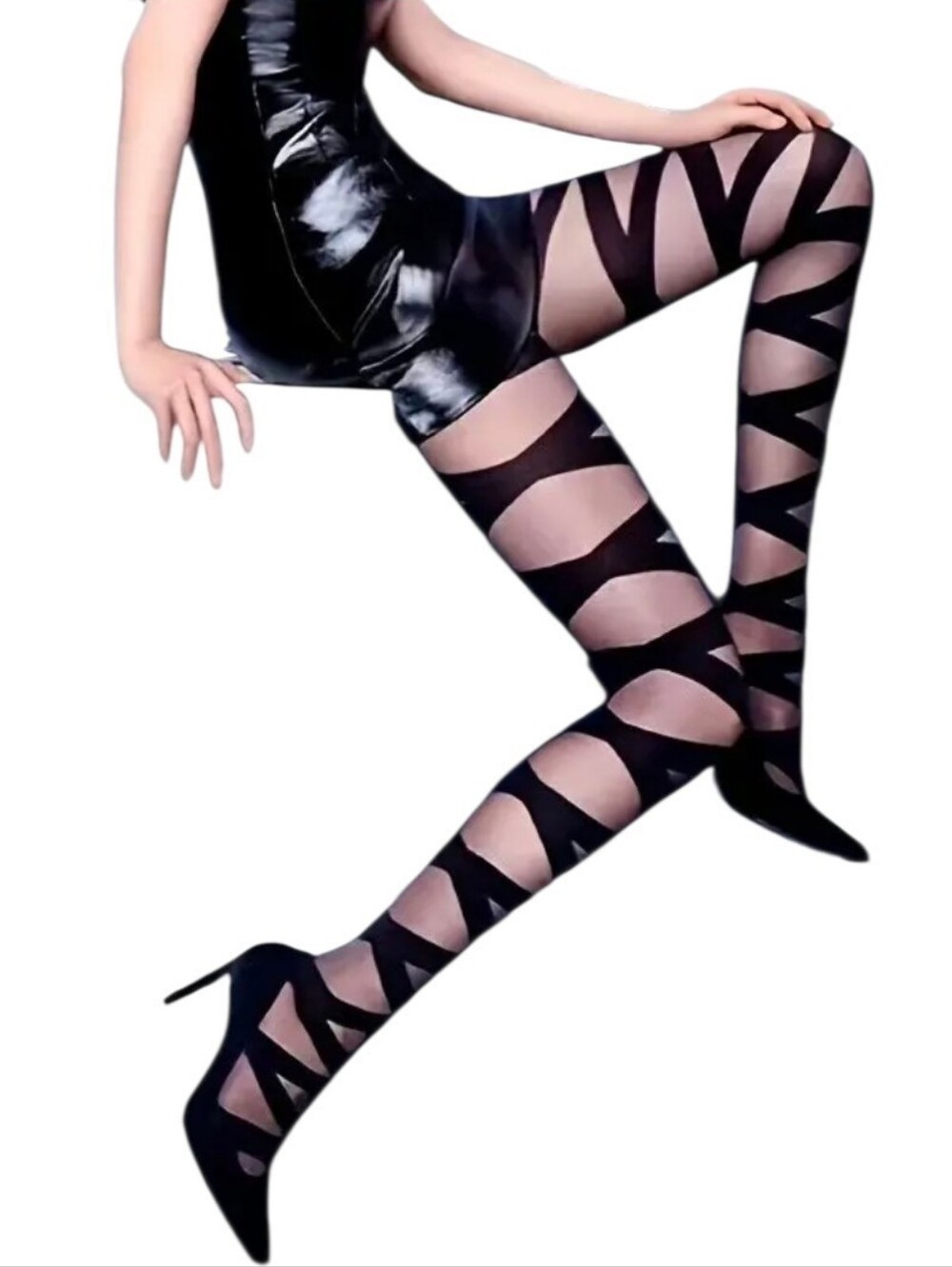 Black Strappy Patterned Sheer Tights - Picture 3 of 3